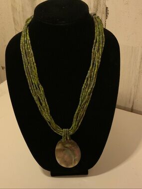 Green Multi-Strand Beaded Necklace with Shell Pendant